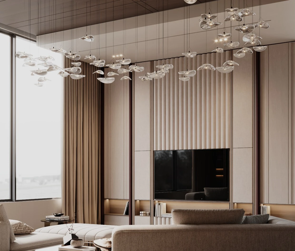 Contemporary living room with a full-height timber wall and floating glass light installation