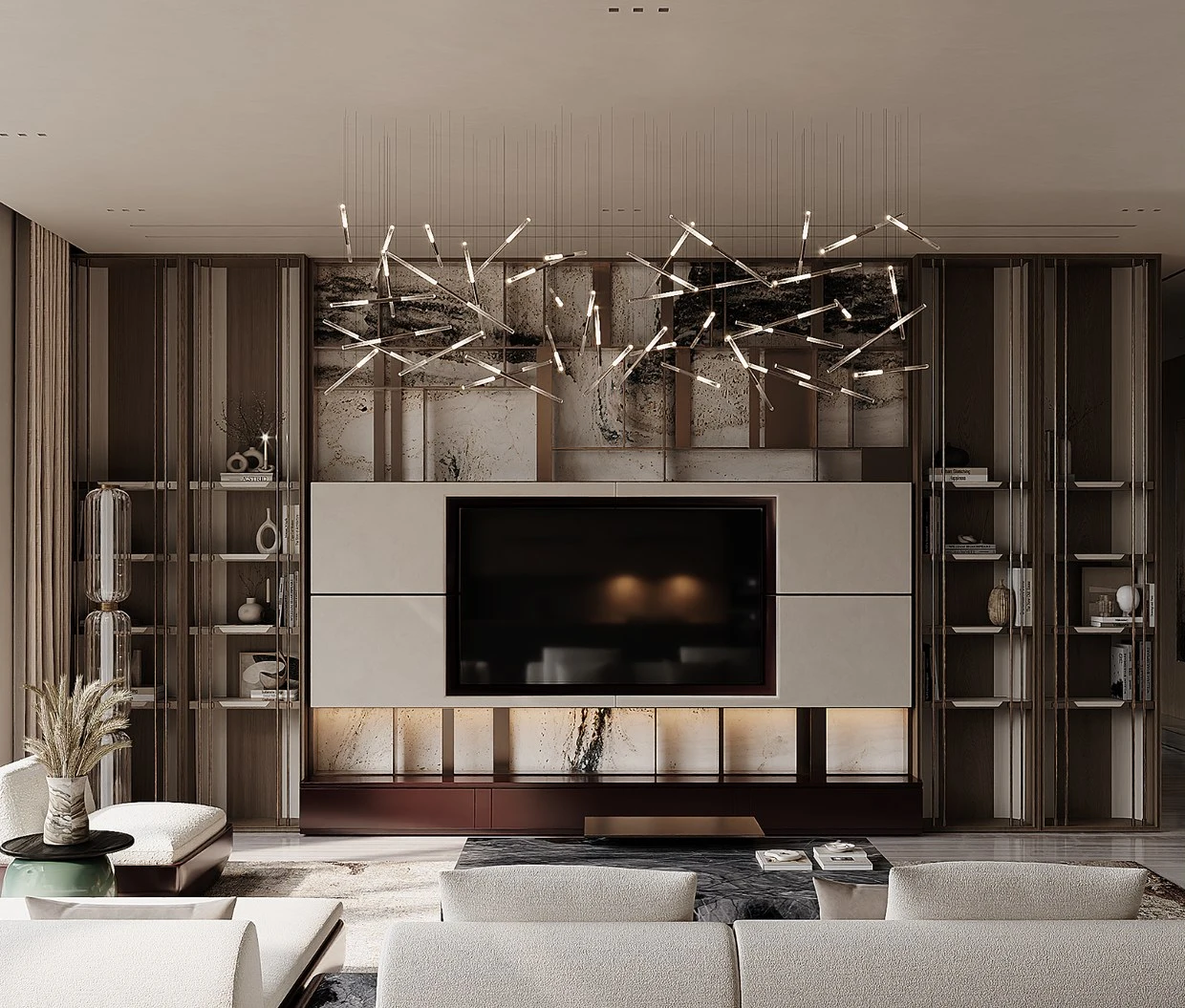 Living room in Oman with a custom stone media wall, layered shelving and dramatic lighting